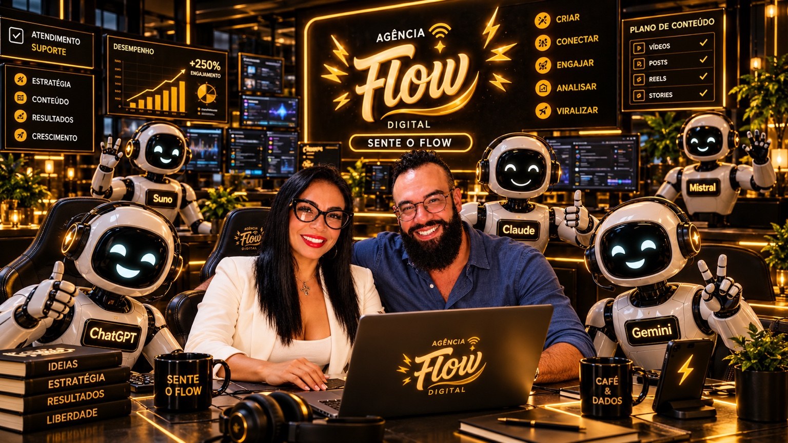 Atendimento oficial da Agência Flow Digital com equipe e assistentes virtuais