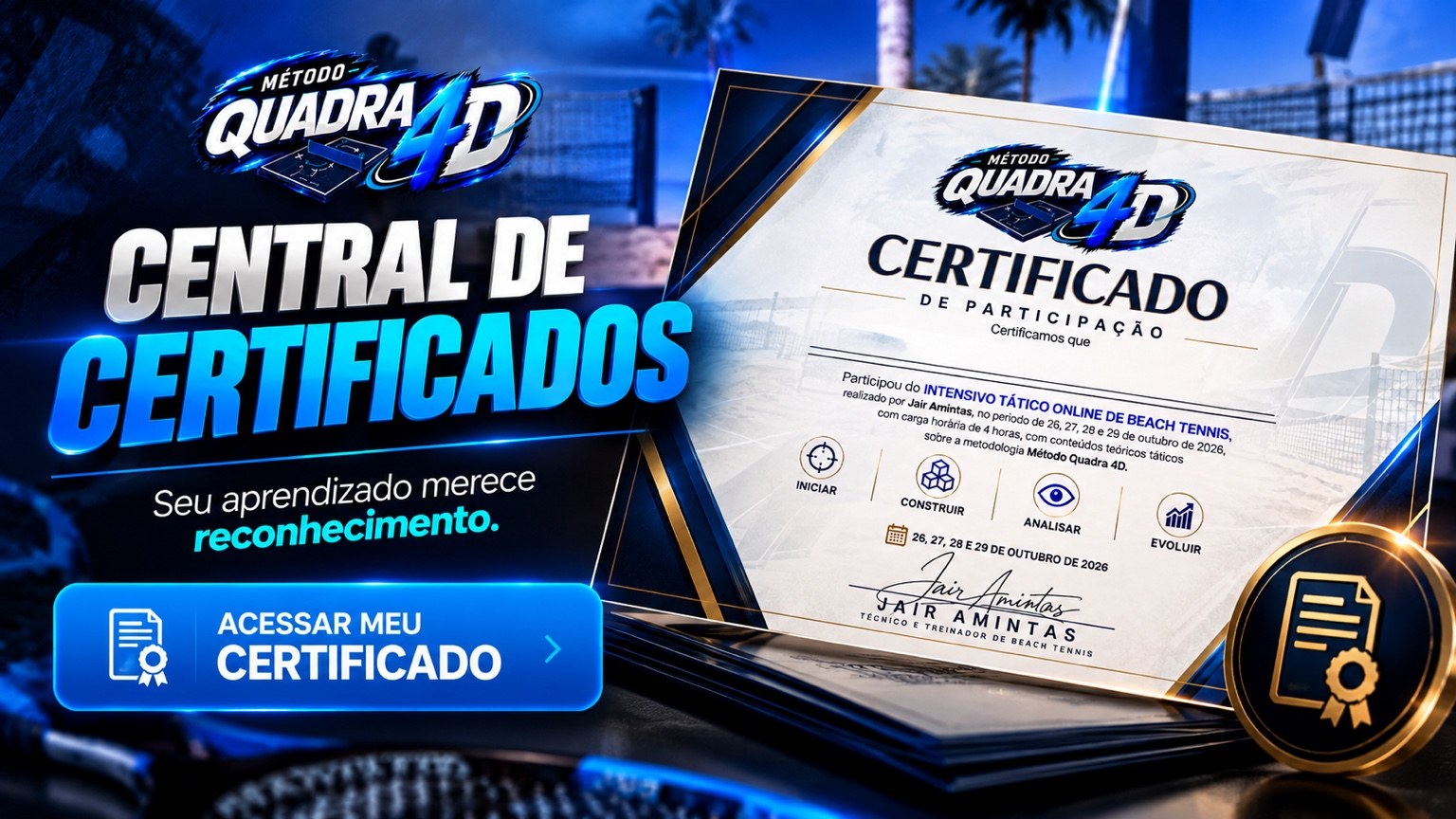 Arte oficial da Central de Certificados do Método Quadra 4D, sem dados pessoais